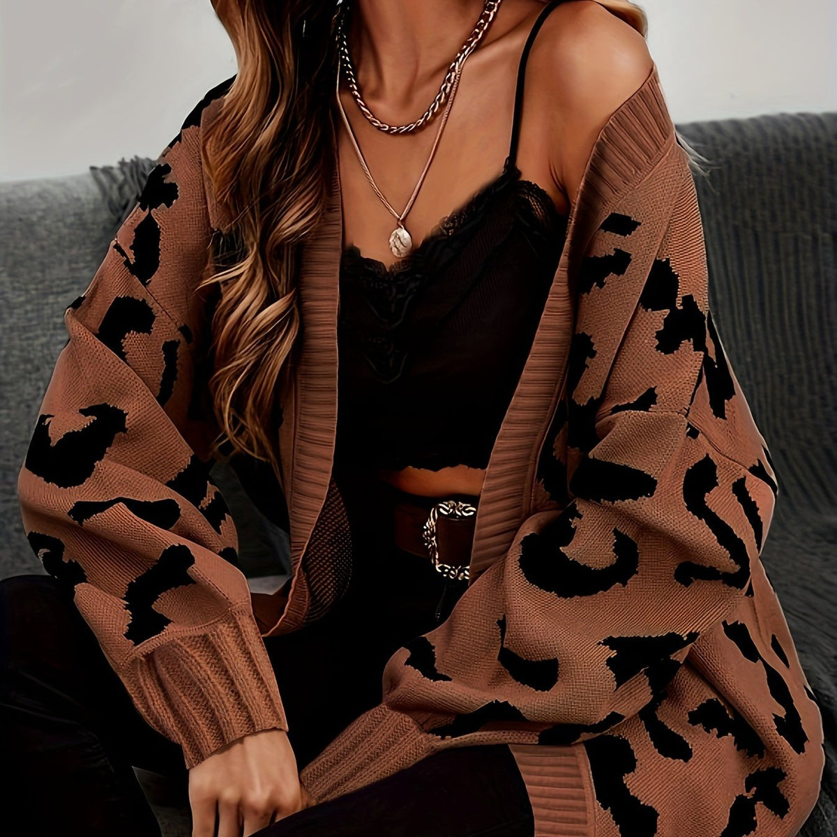  Leopard Print Long Sleeve Open Front Cardigan