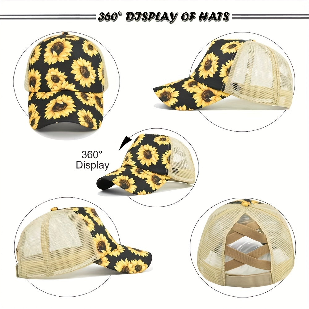 Sunflower Cross Elastic Mesh Cap Cotton Ponytail Baseball Cap