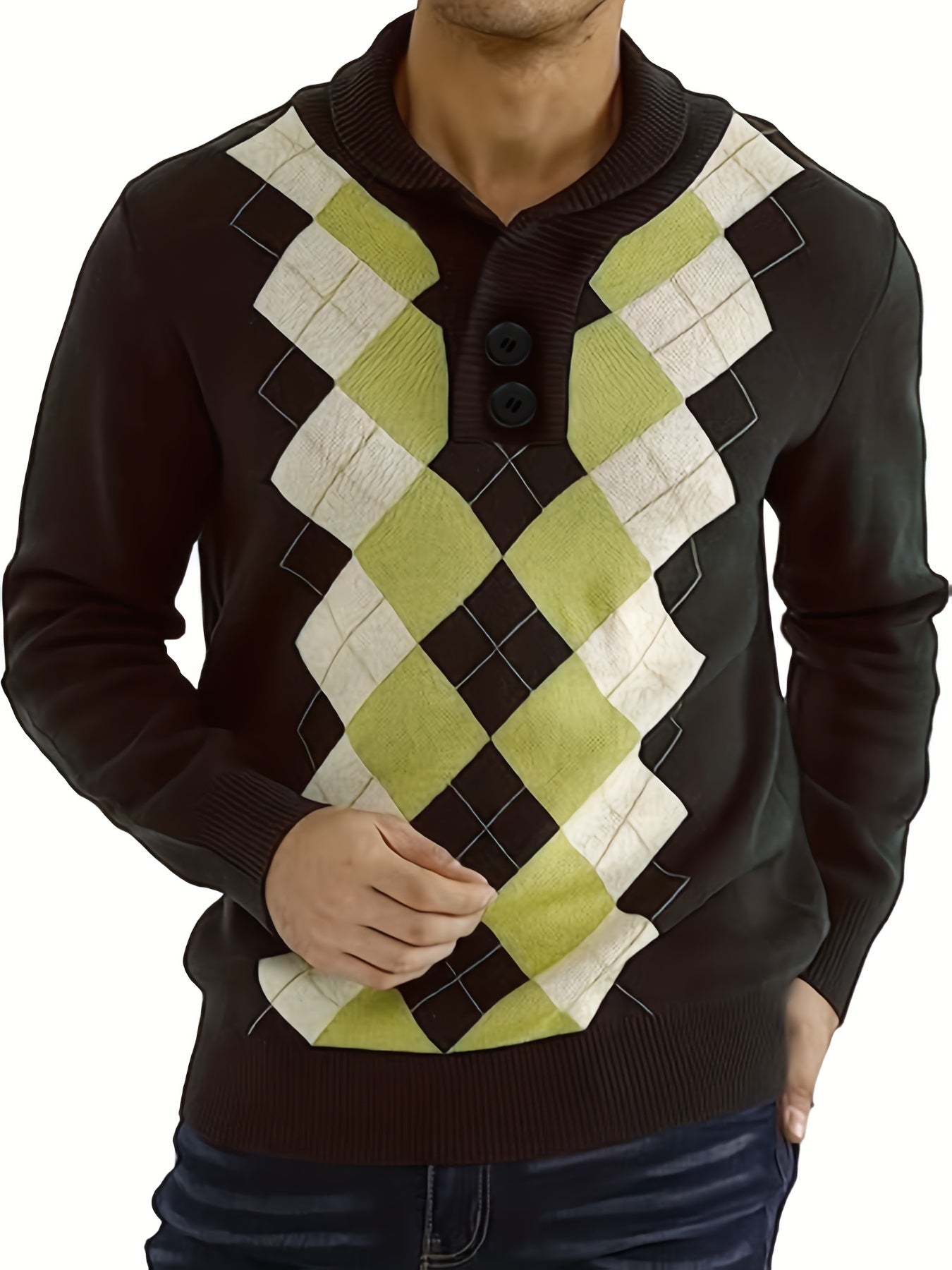 Retro Argyle Sweater Men's Casual Warm Shawl Collar Pullover