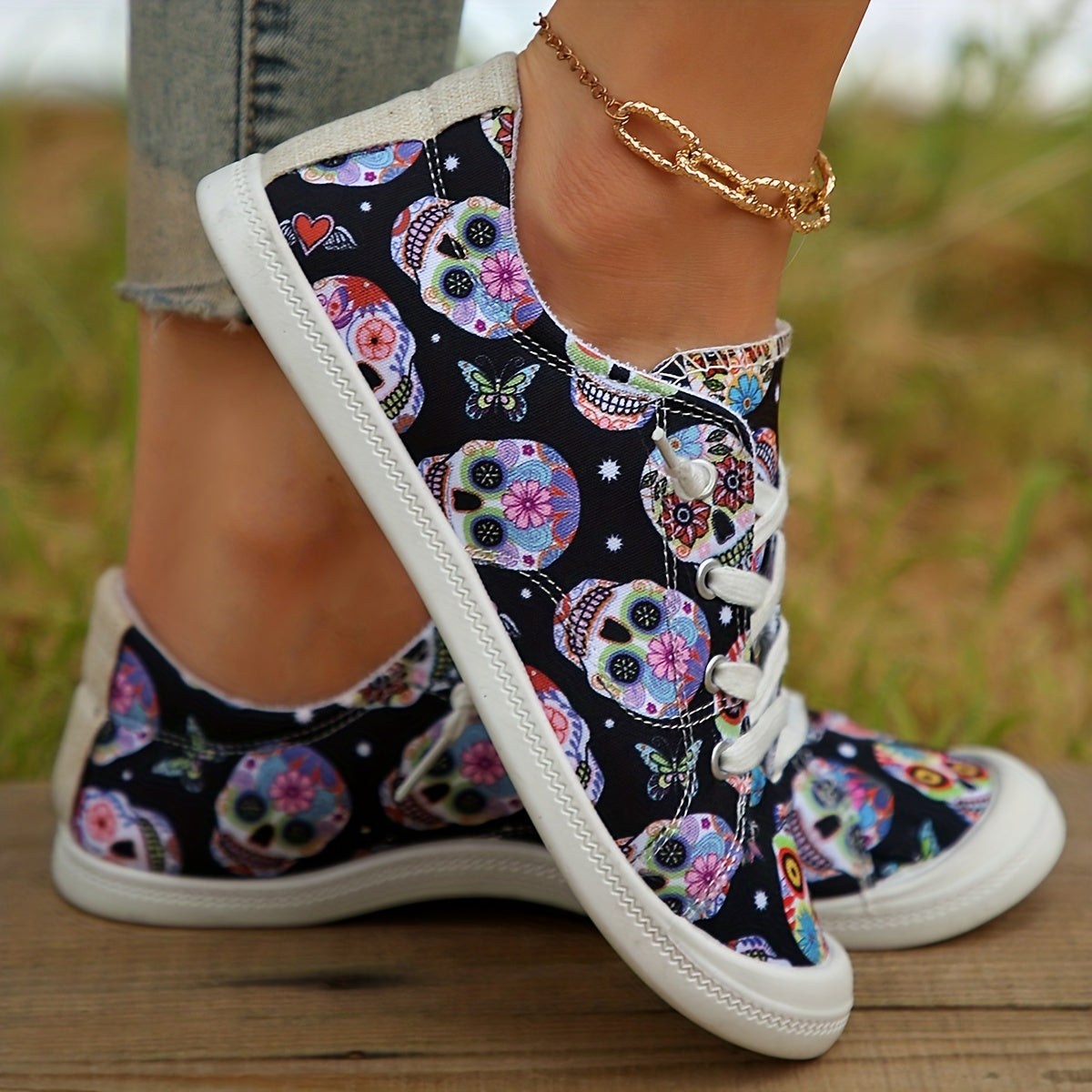 Women's Halloween Skull Canvas Sneakers Low Top Casual Walking Shoes