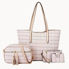 4Pcs Grid Pattern Tote Bag Set with Tassel Crossbody Bag