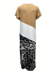  Colorblock Leopard Print Short Sleeve V Neck Tee Dress
