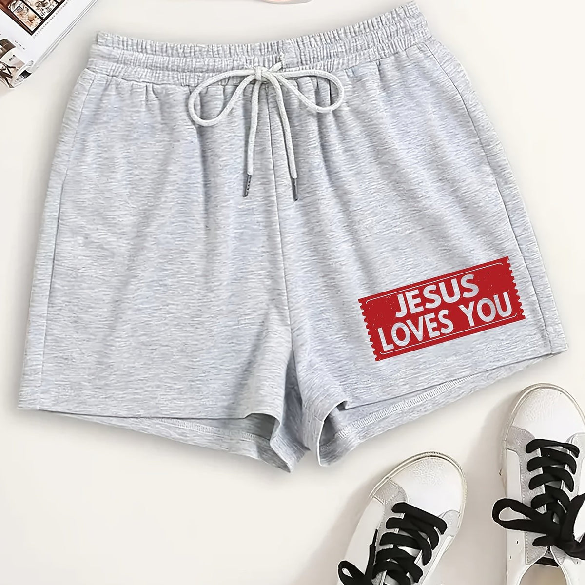 JESUS Letter Print Sleep Bottoms Casual Drawstring Lace Up Shorts
