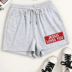 JESUS Letter Print Sleep Bottoms Casual Drawstring Lace Up Shorts