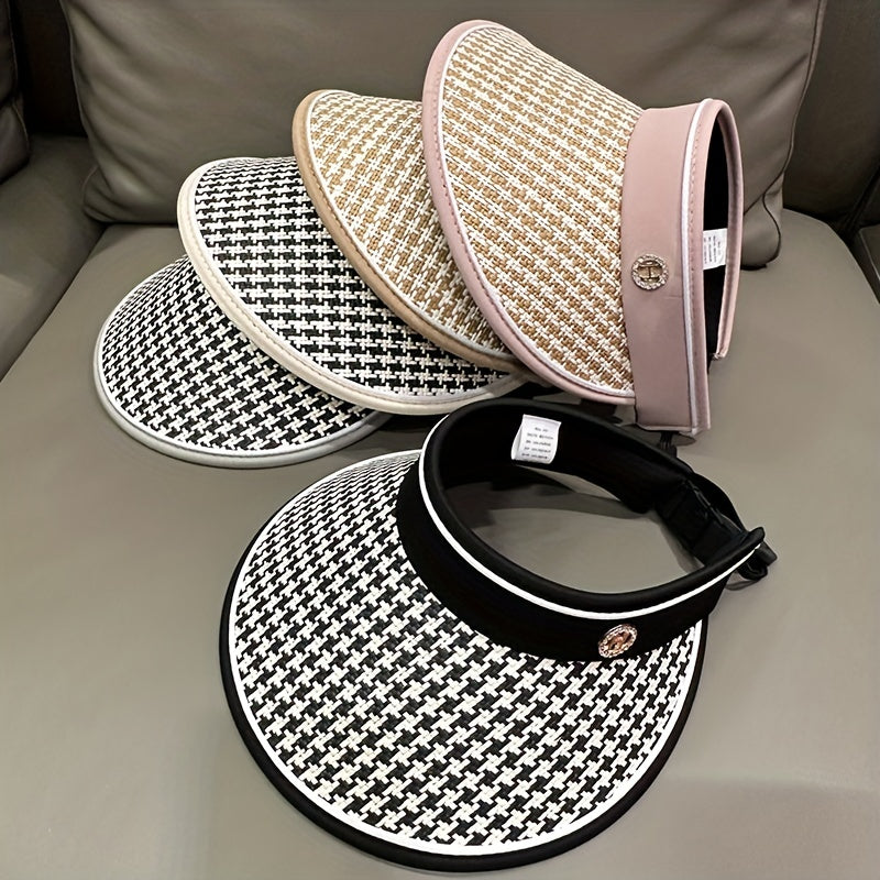 Houndstooth Visor Hat Wide Brim UV Protection Straw Sun Hat