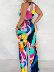 Geo Print Keyhole Jumpsuit Wide Leg Casual Jumpsuit