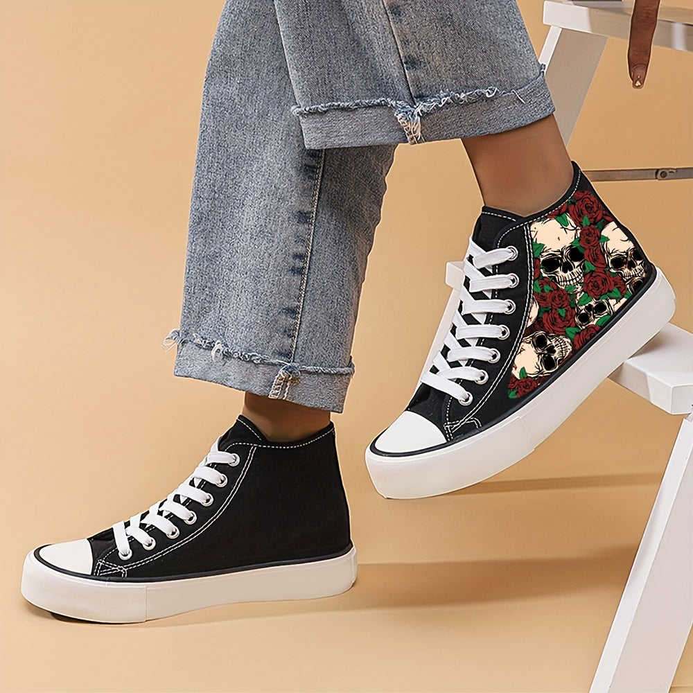 Skull & Rose Print High Top Canvas Sneakers