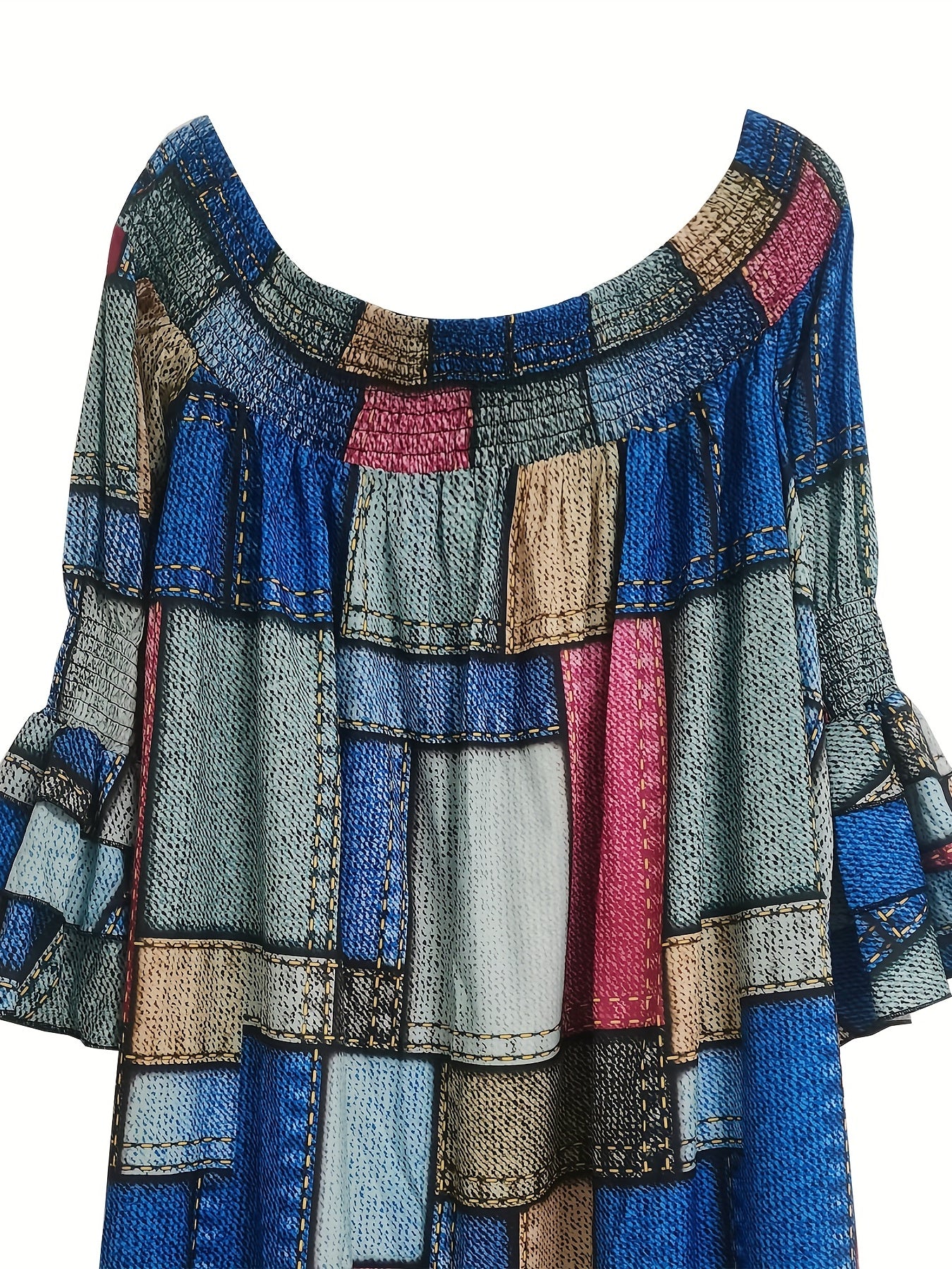  Denim Print Off Shoulder Dress