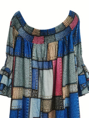  Denim Print Off Shoulder Dress
