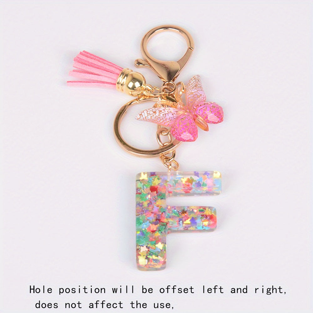 Resin Initial Letter Keychain Butterfly Pendant Glitter Animal Key Ring