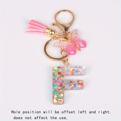 Resin Initial Letter Keychain Butterfly Pendant Glitter Animal Key Ring