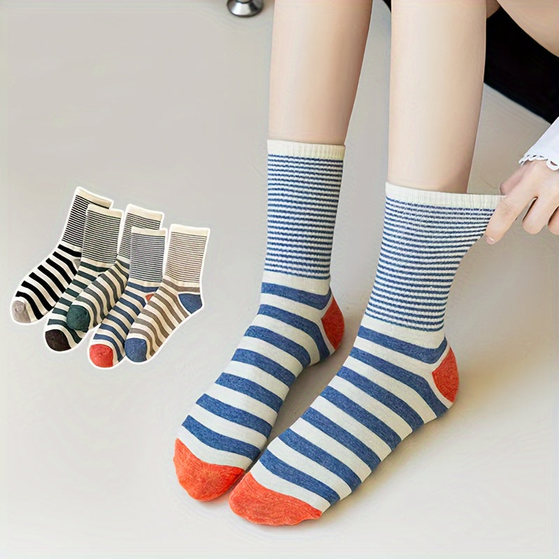5 Pairs Colorblock Striped Socks Comfy & Breathable Women's Stockings
