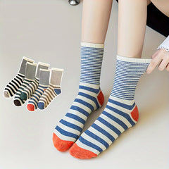 5 Pairs Colorblock Striped Socks Comfy & Breathable Women's Stockings