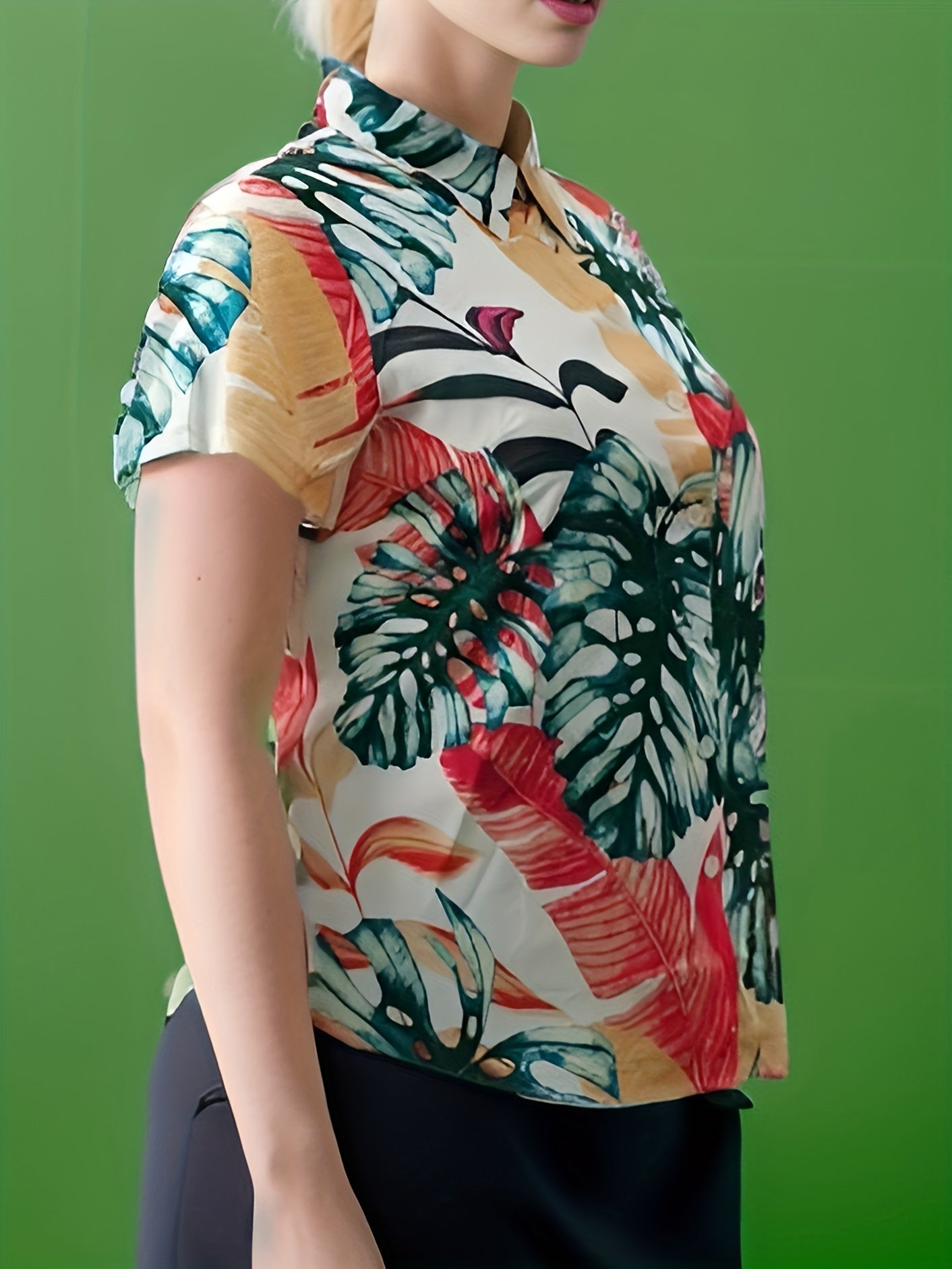  Tropical Print Button Up Short Sleeve Blouse