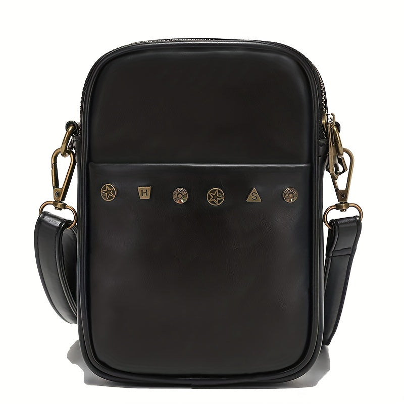 Men's Rivet Decor Leather Crossbody Bag Multifunctional Shoulder Bag