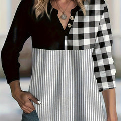  Colorblock Plaid & Stripe Print V Neck Shirt