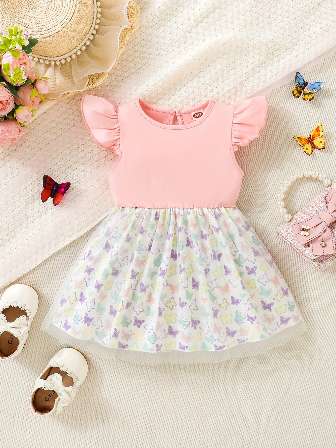 Toddler Baby Flutter Sleeve Butterflies Print Pleated Dress