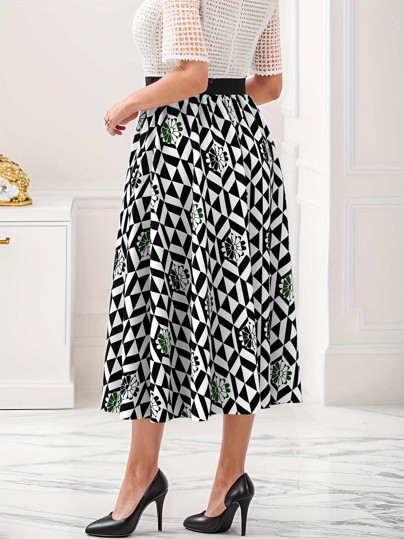  Geometric & Daisy Print High Waisted Skirt