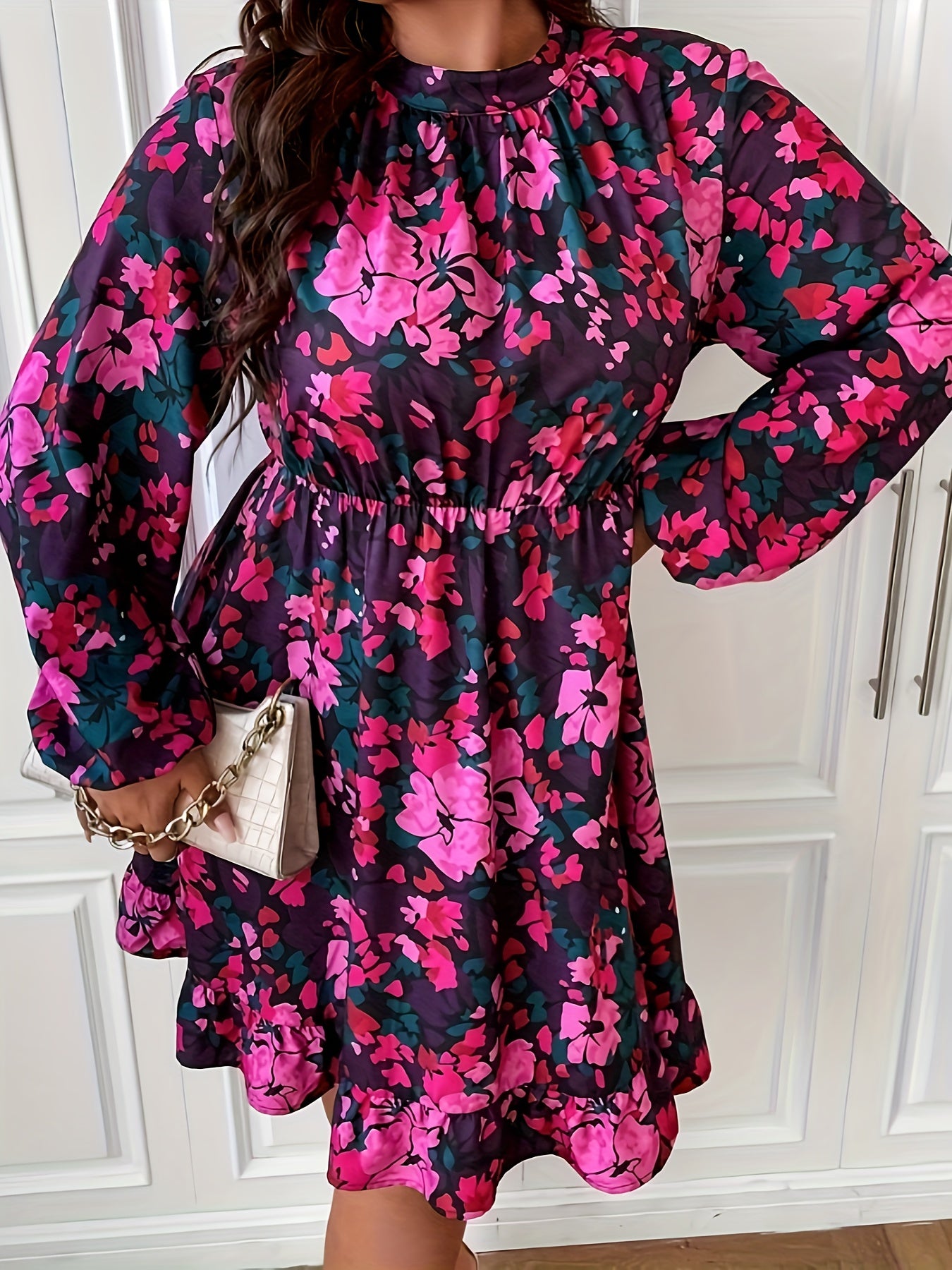  Floral Print Lantern Sleeve Smock Dress