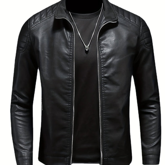 Men's Casual Faux Leather Biker Jacket Zip Up Stand Collar for Spring Fall