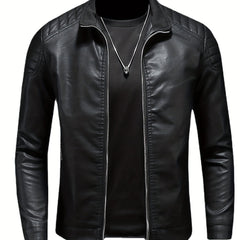 Men's Casual Faux Leather Biker Jacket Zip Up Stand Collar for Spring Fall