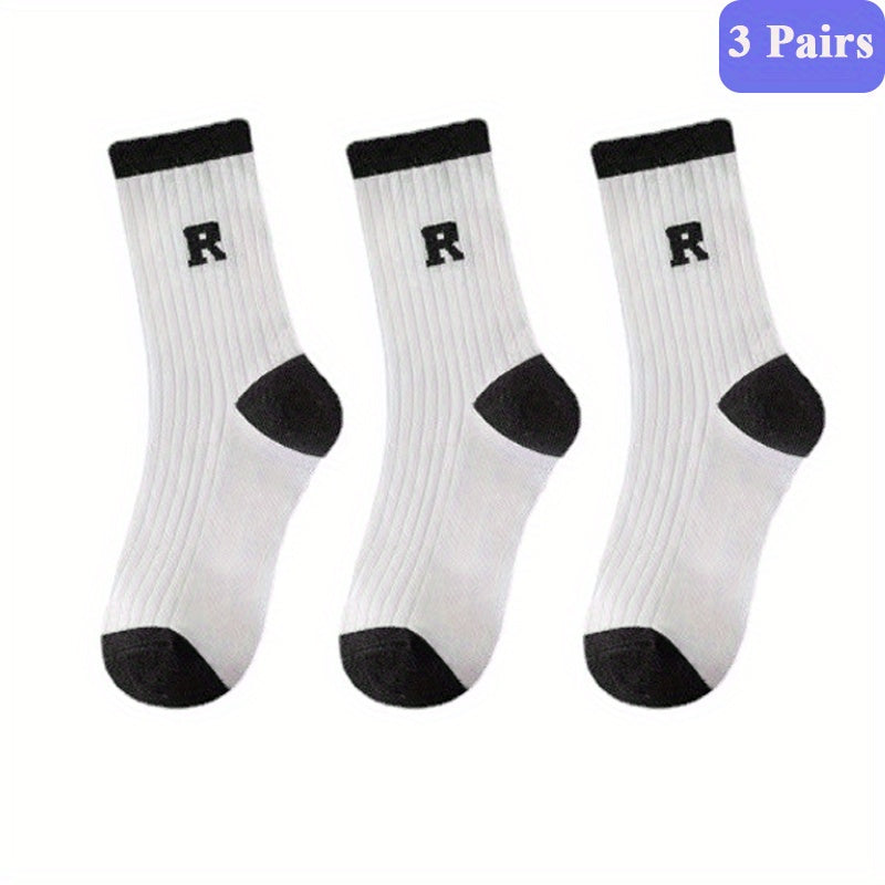 3 Pairs Striped Crew Socks Mid Tube Women's Stockings