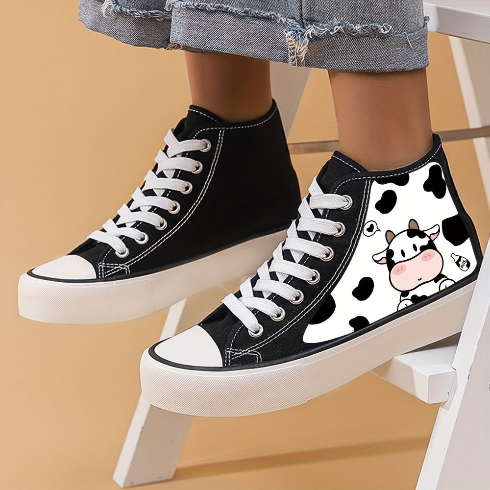 Cow Print High Top Canvas Sneakers Lace Up Skate Shoes