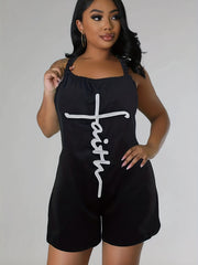 Letter Print Cami Romper Jumpsuit Sleeveless Casual Romper