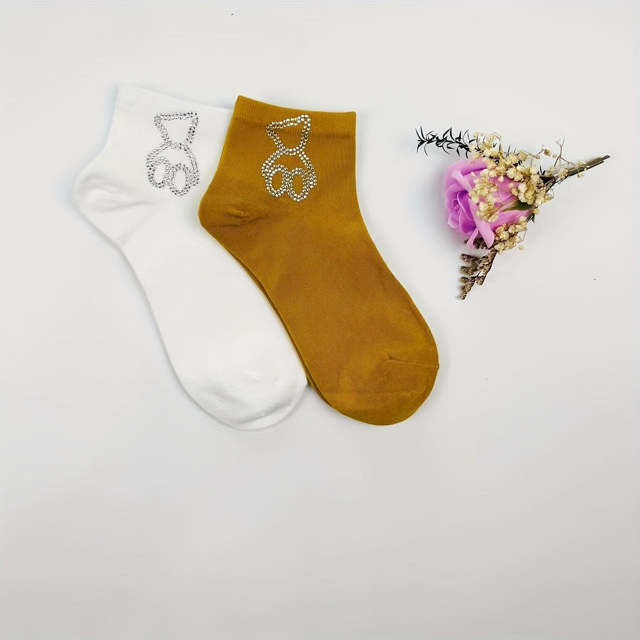 Bear Rhinestone Socks 5 Pairs Women's Crew Short Stockings & Hosiery