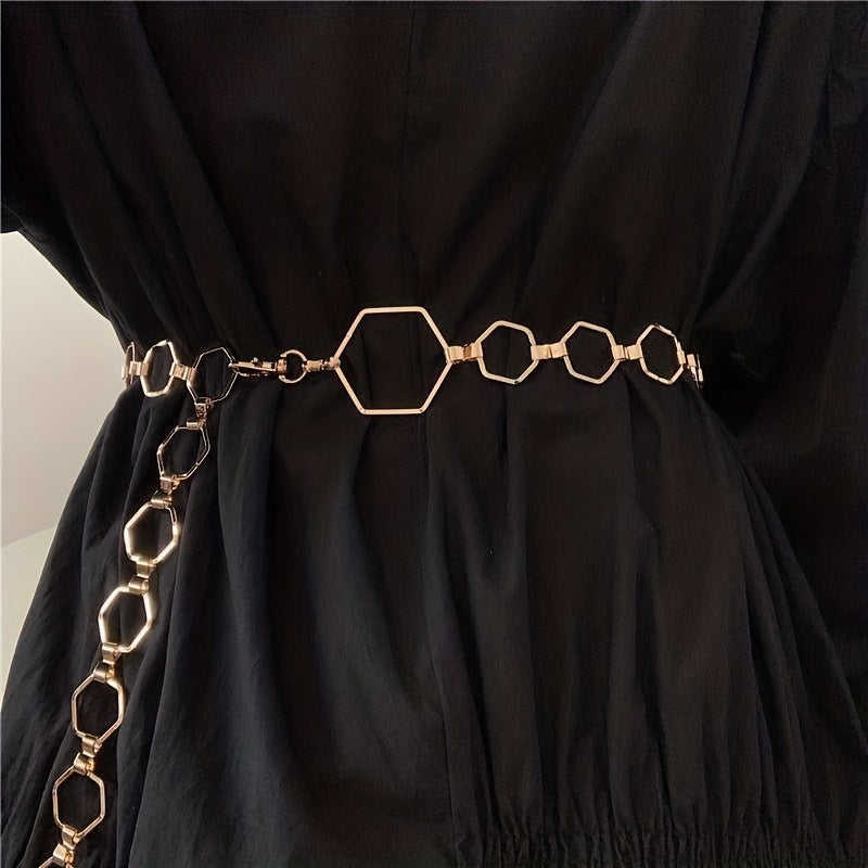 Geometric Gold Metal Waist Chain Belt Adjustable for Women