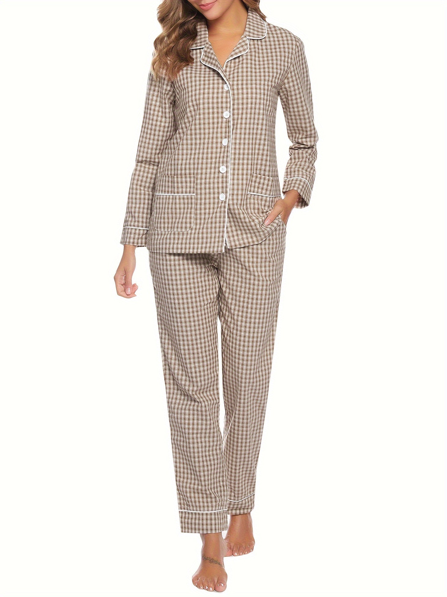 Plaid Print Lounge Set Long Sleeve Buttons Top & Elastic Waistband Pants