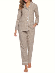 Plaid Print Lounge Set Long Sleeve Buttons Top & Elastic Waistband Pants