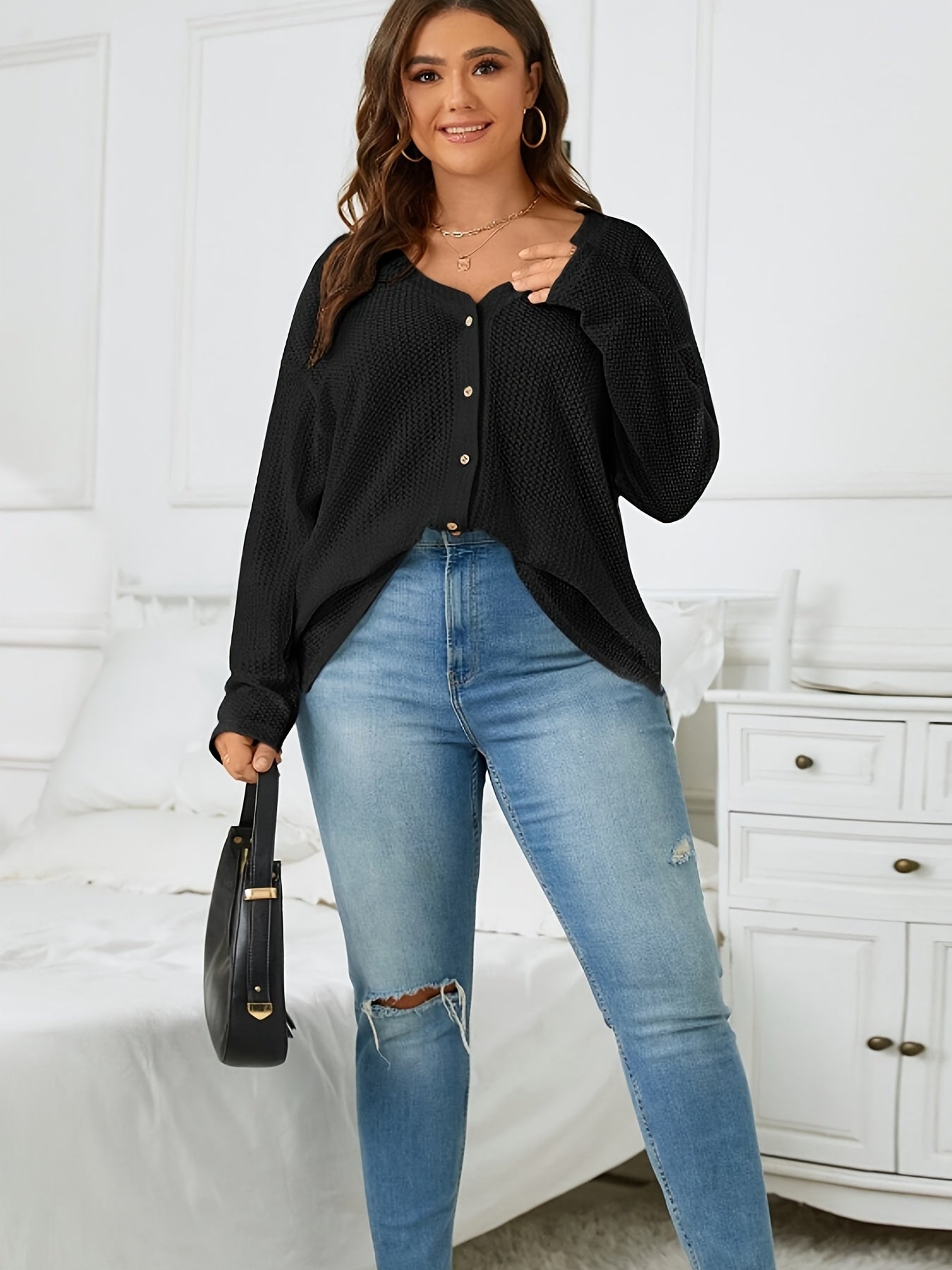  Casual Cardigan Solid Long Sleeve Button Up Waffle Knit Cardigan