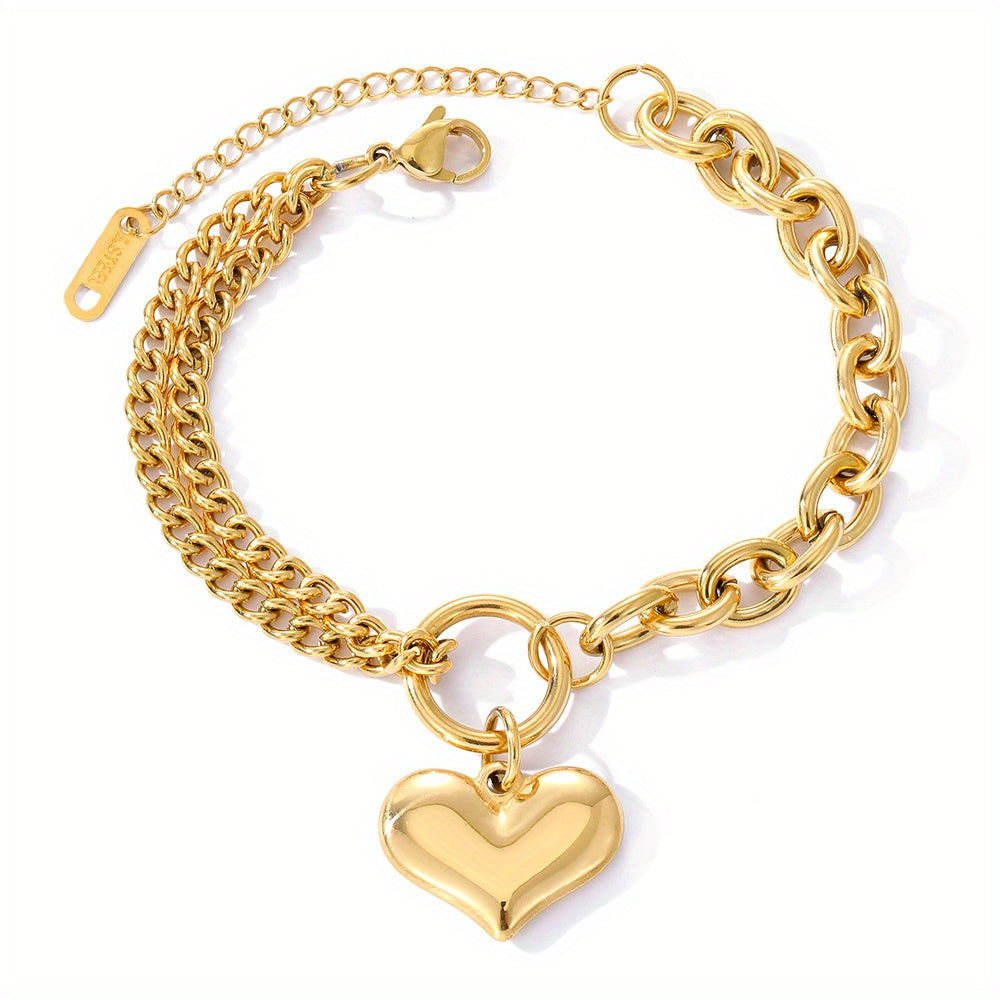 Heart Pendant Double Layers Chain Bracelet Stainless Steel Bangle