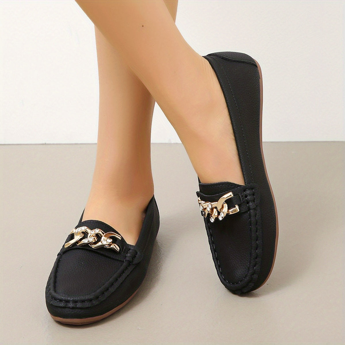 Chain Decor Flat Loafers with Rhinestone Soft Sole Slip On Shoes