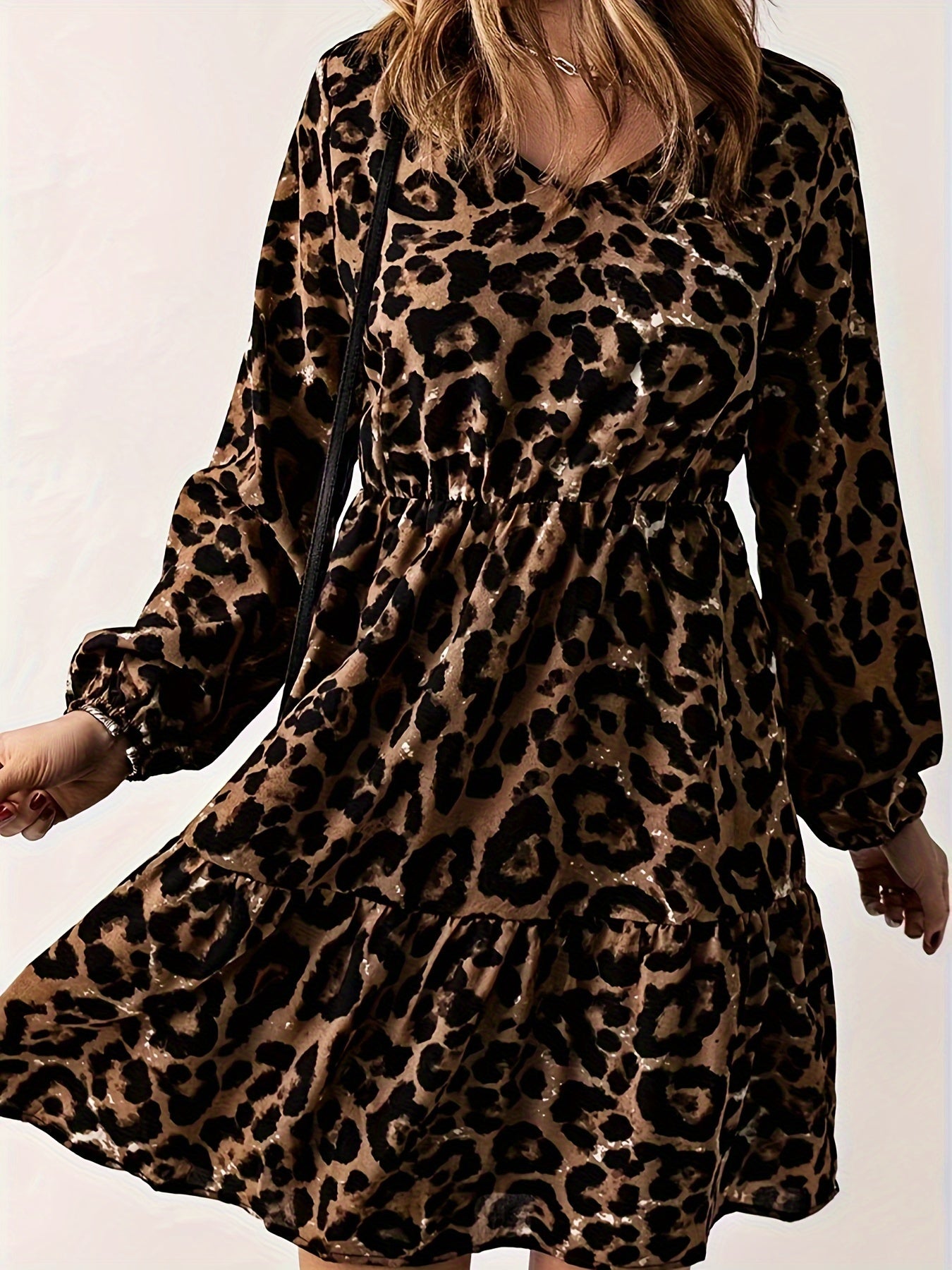  Leopard Print V Neck Smock Dress