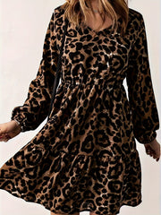  Leopard Print V Neck Smock Dress