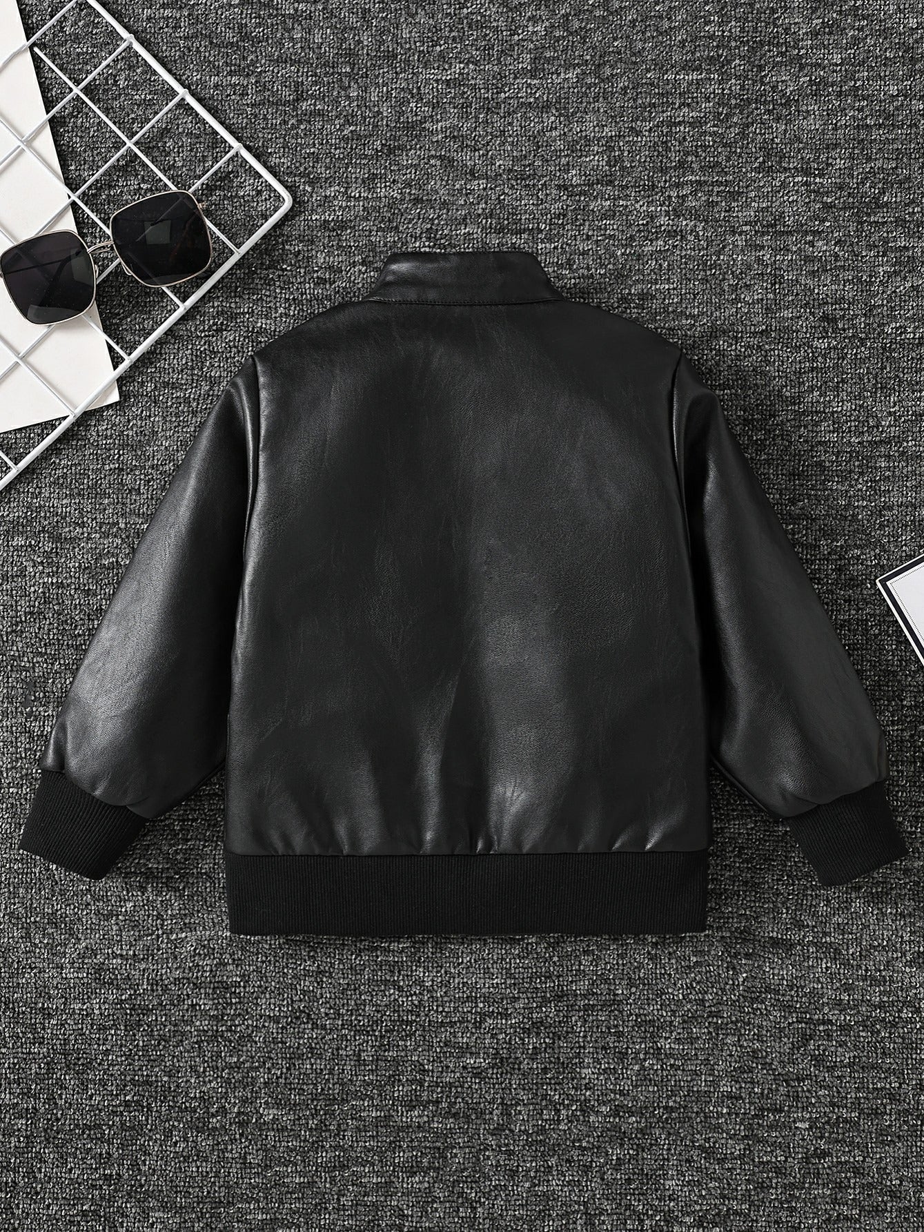 Boy's Fashionable Stand Collar Leather Jacket