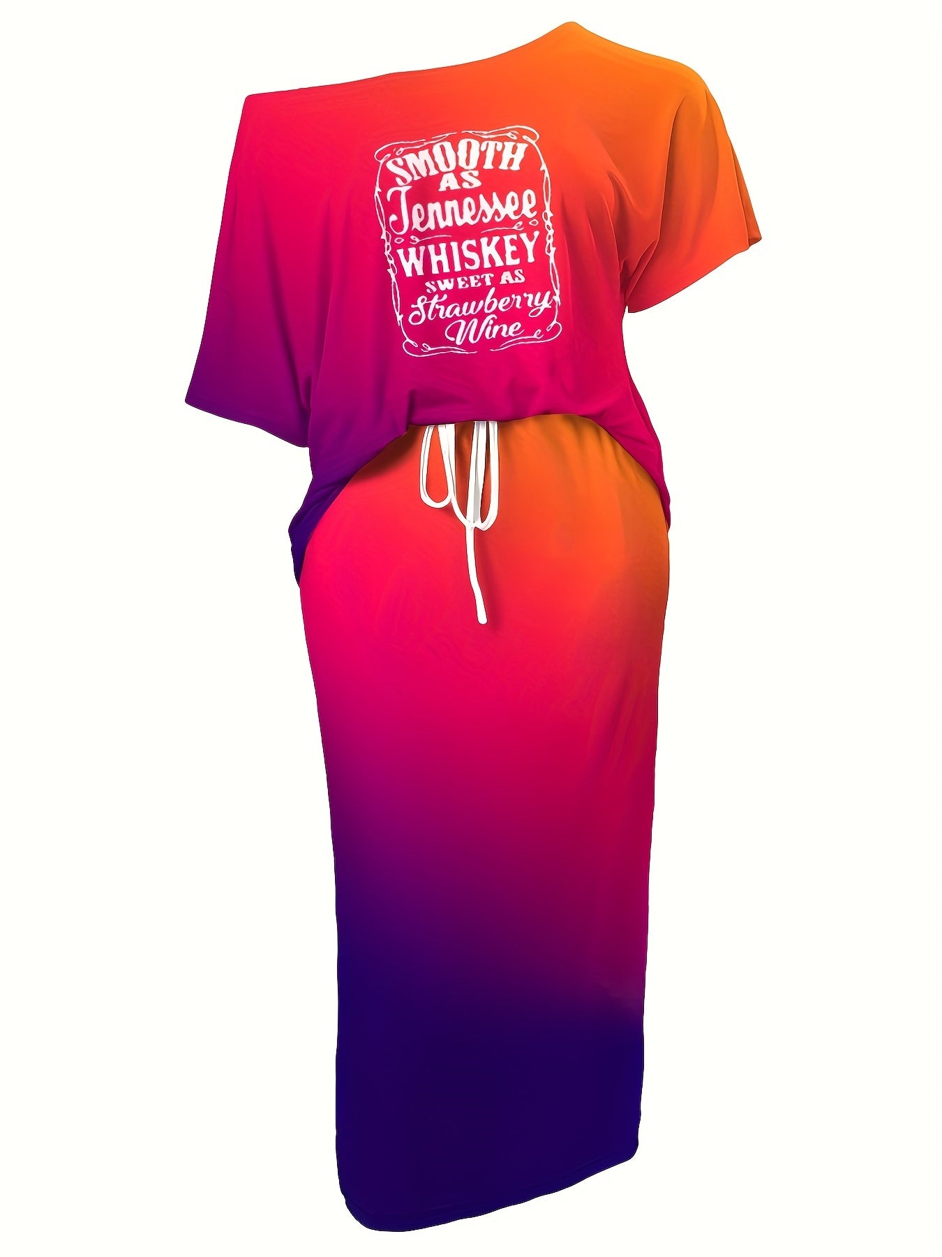  Ombre Graphic Print One Shoulder Tee & Tie Skirt Set
