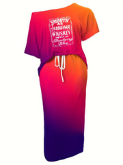  Ombre Graphic Print One Shoulder Tee & Tie Skirt Set