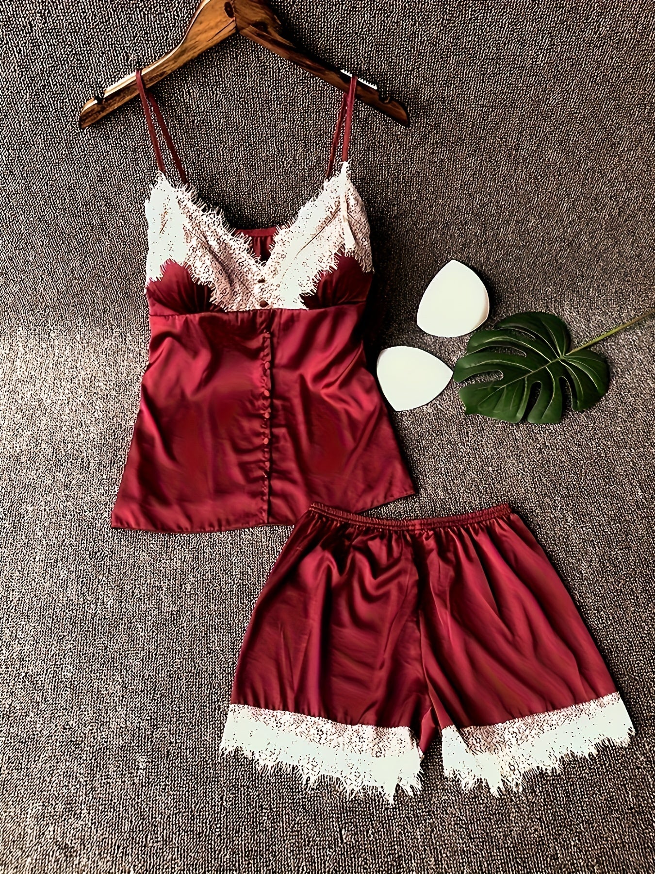 Lace Stitching Pajama Set V Neck Cami Top & Elastic Waistband Shorts