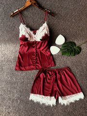 Lace Stitching Pajama Set V Neck Cami Top & Elastic Waistband Shorts