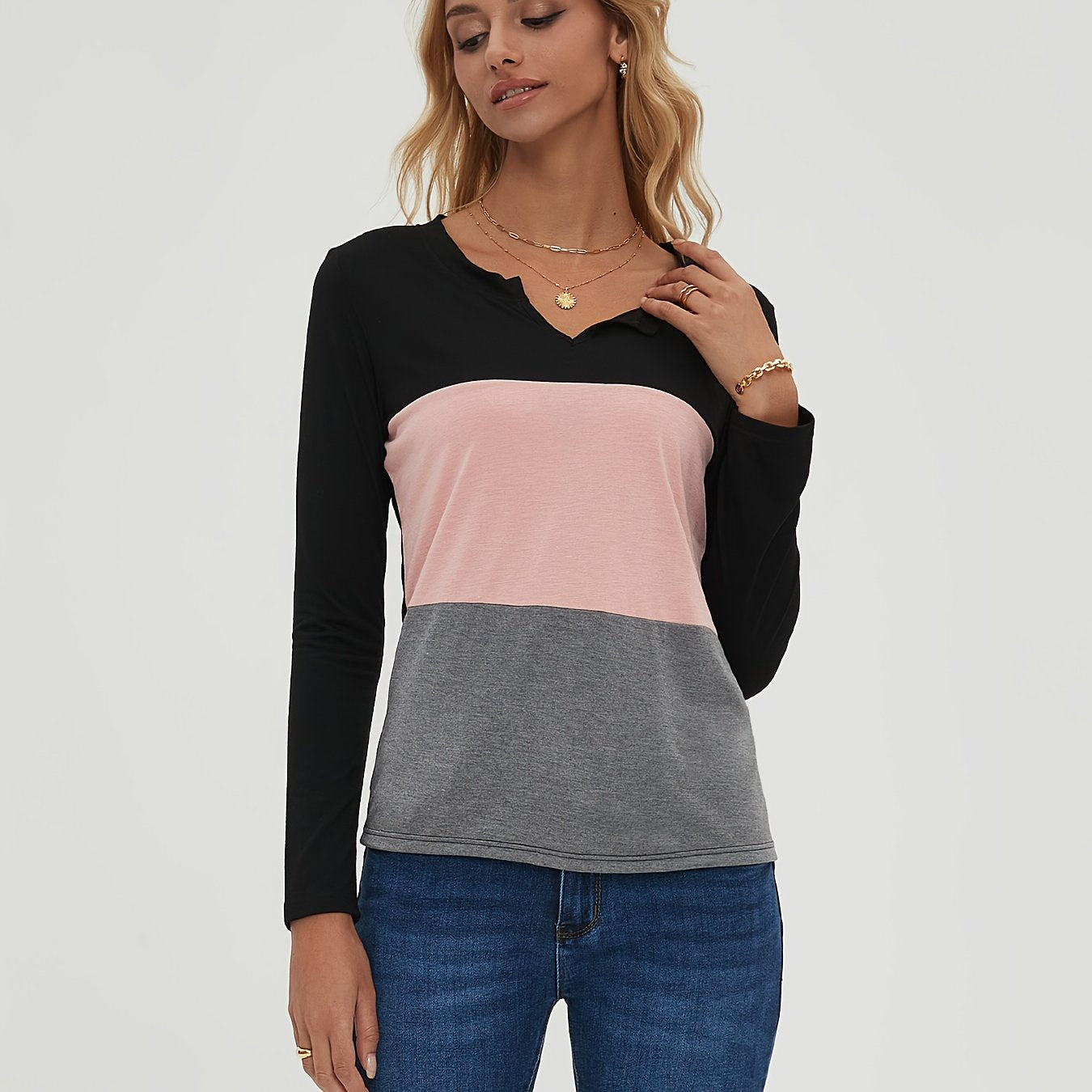 Block Long Sleeve V Neck Pullover Tops Women's Tops
