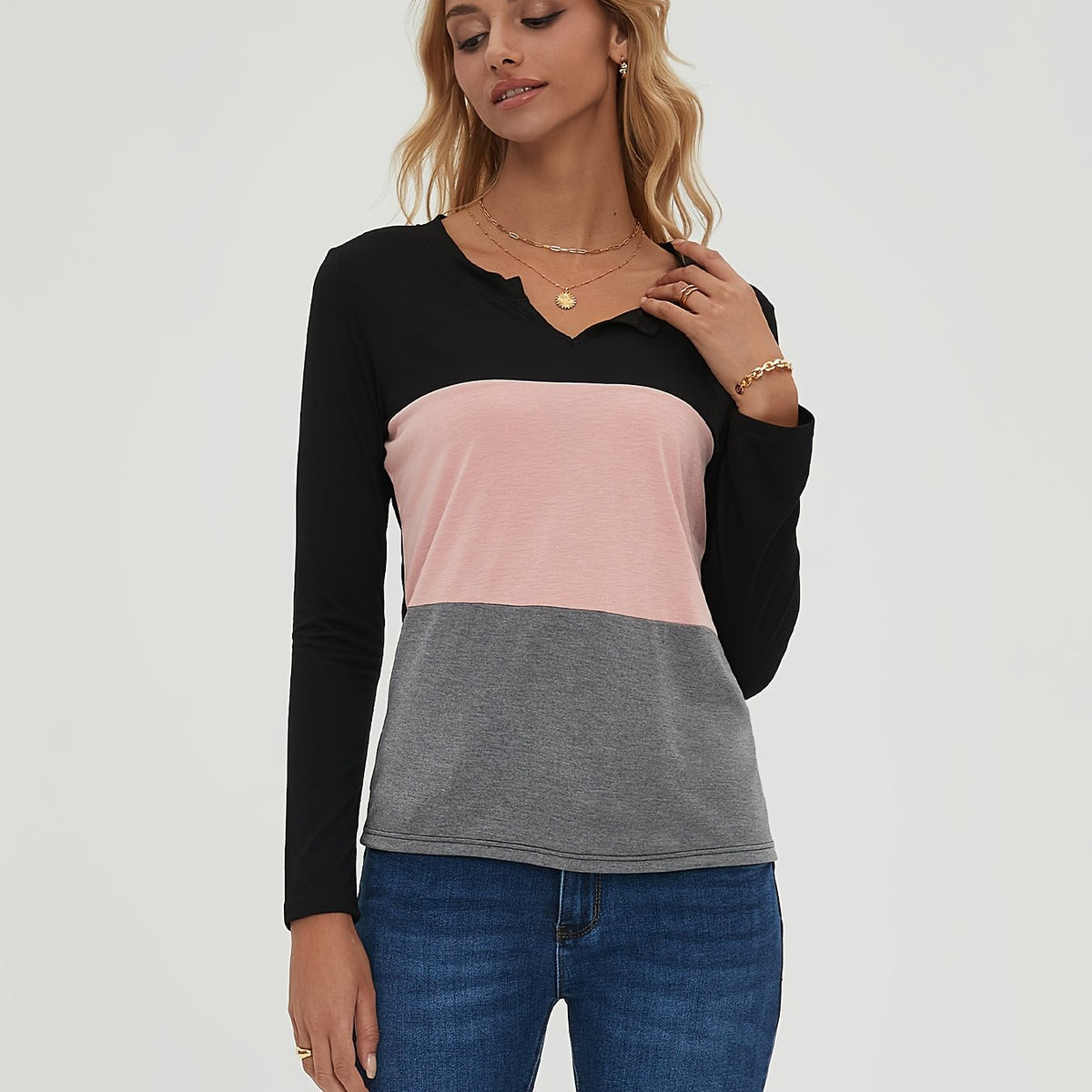 Block Long Sleeve V Neck Pullover Tops Women's Tops