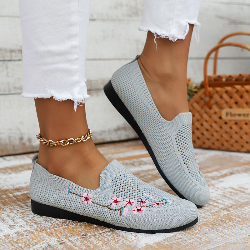 Women's Floral Embroidered Mesh Flat Shoes Lightweight Casual Footwear