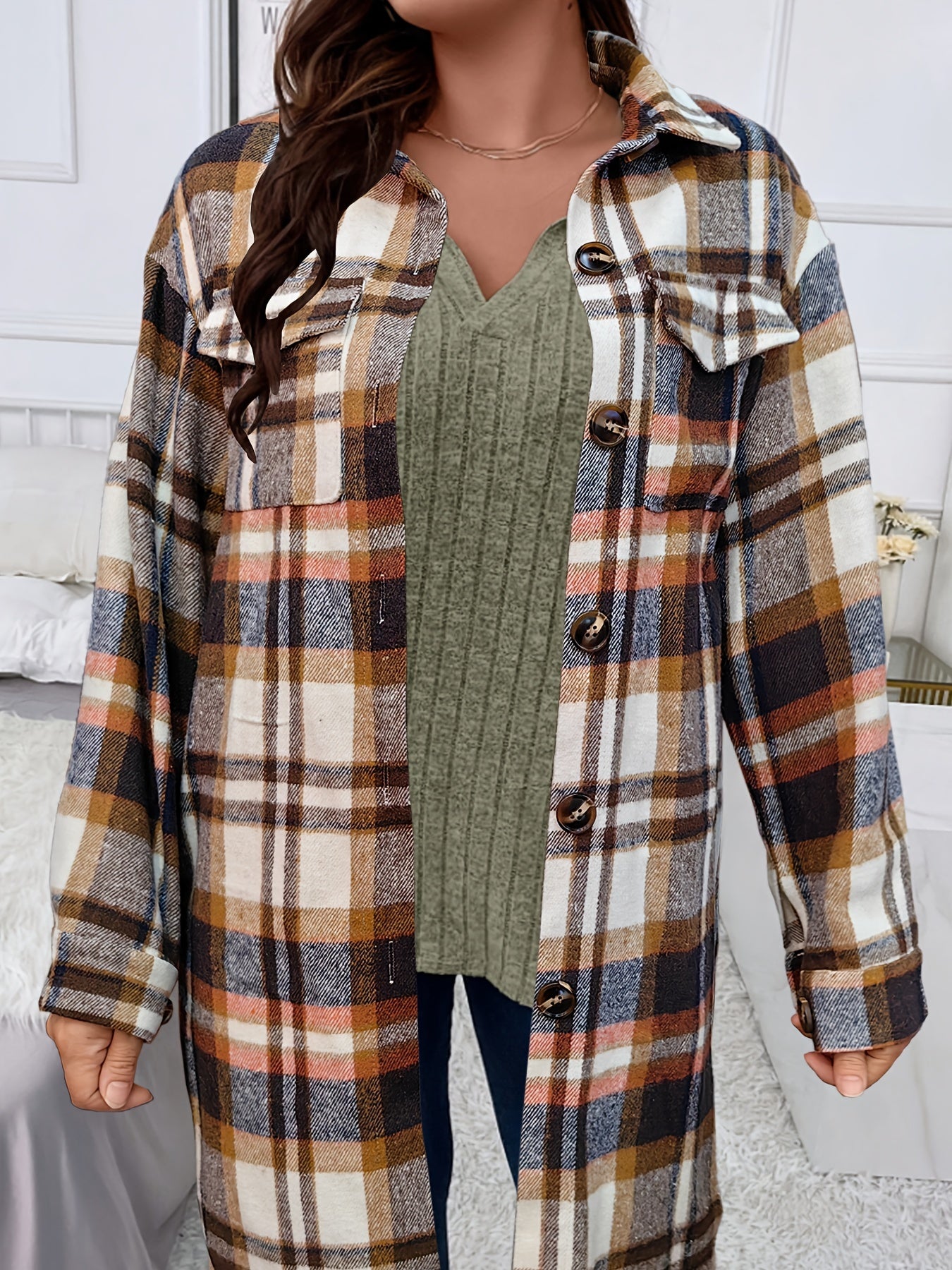 Women's Plaid Brushed Mid Length Loose Jacket