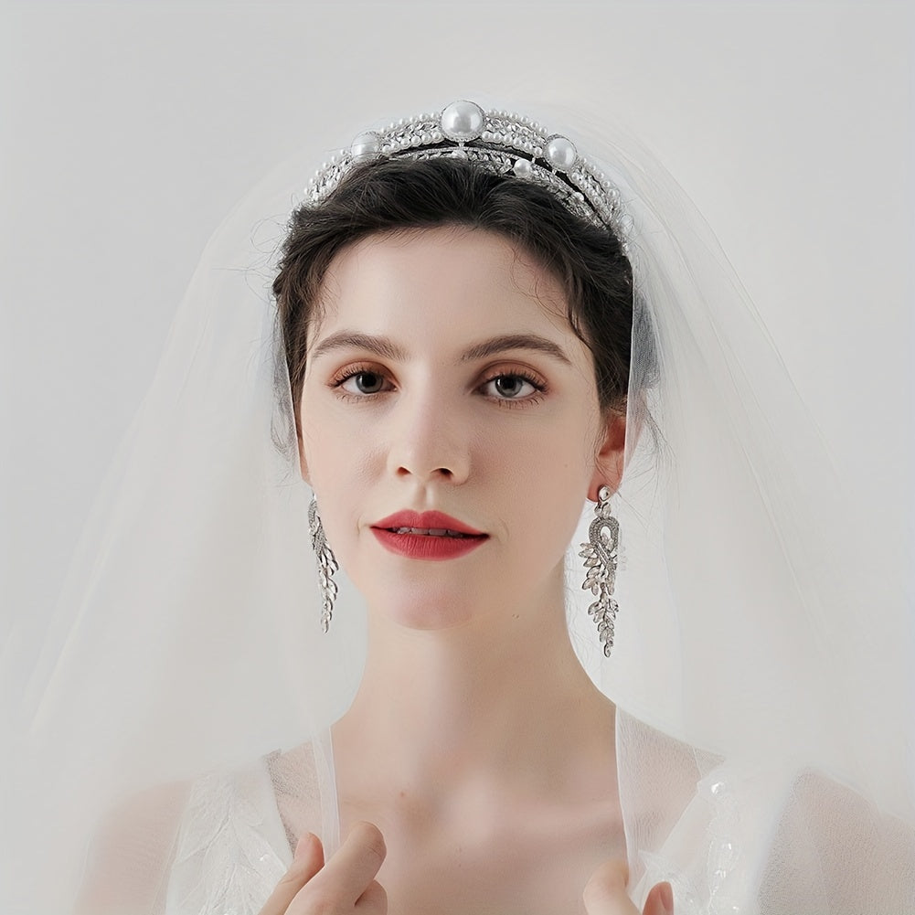 Crown Charm Hair Band Rhinestone & Pearl Headband for Bridal Wedding