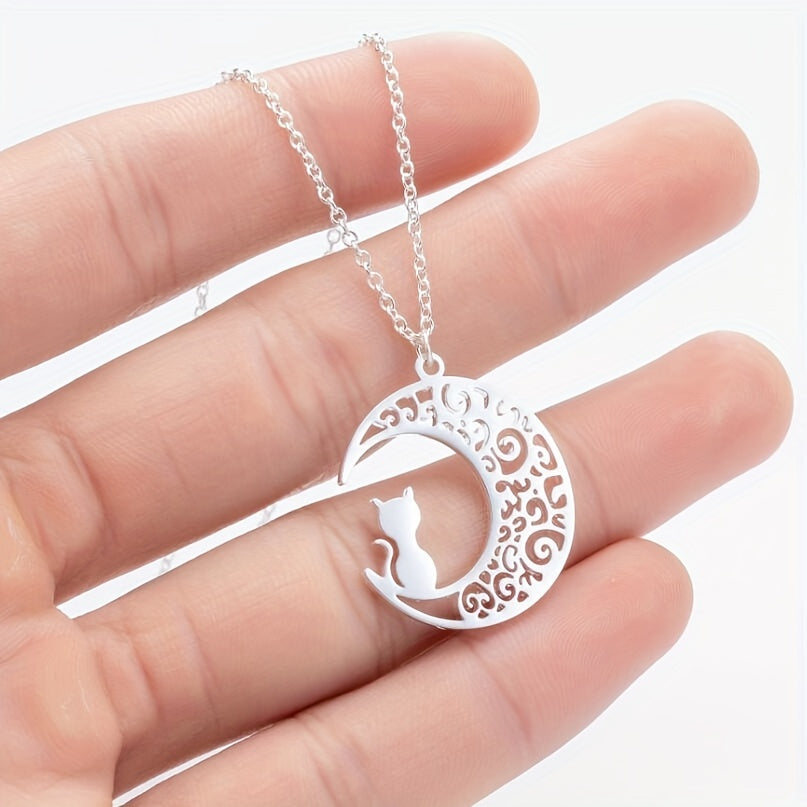 Moon Cat Necklace Stainless Steel Hollowed Out Collarbone Accessory