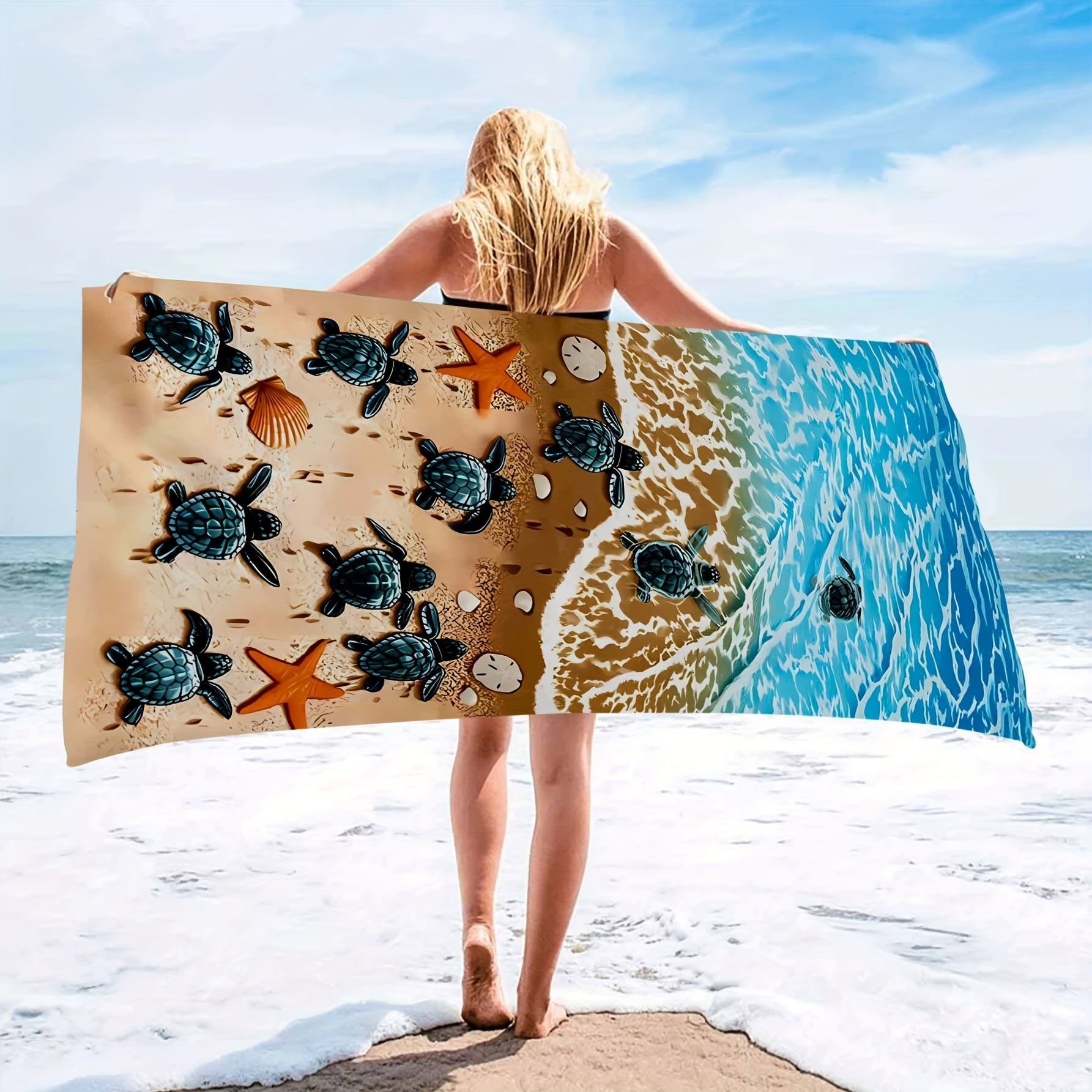 Large Microfiber Beach Towel Tortoise & Beach Print Outdoor Sports Swim Surf