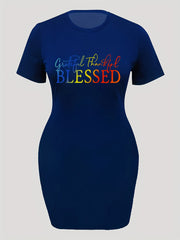  Casual Dress Women's Plus Slogan Print Short Sleeve Round Neck Dress